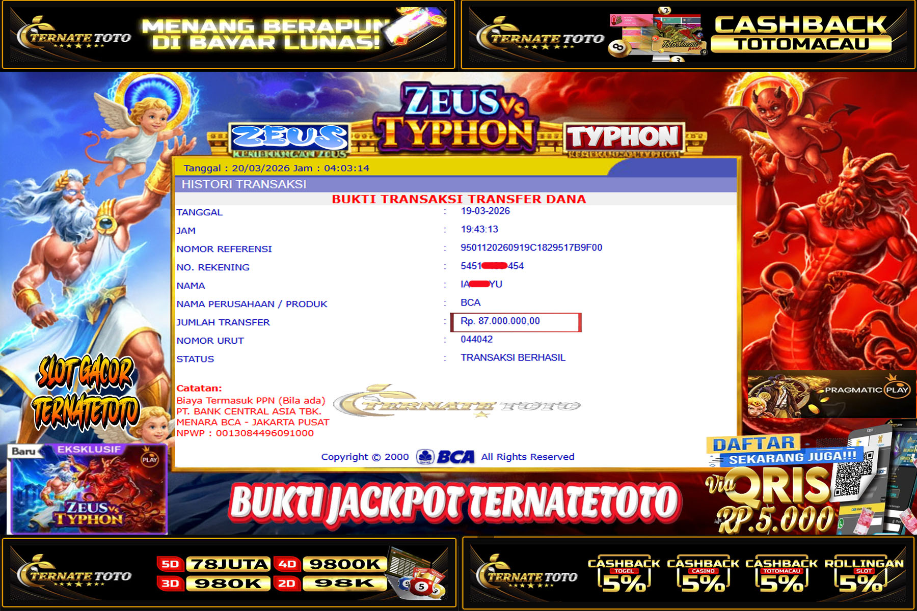 TERNATETOTO - JACKPOT ZEUS VS TYPHON DI PRAGMATIC Rp. 87,000,000,-